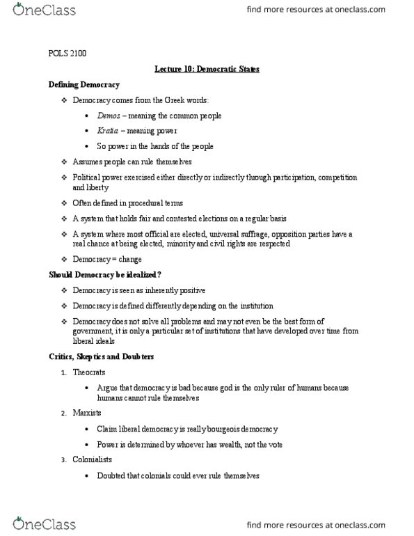 POLS 2100 Lecture Notes - Lecture 10: Liberal Democracy, Social Capital thumbnail
