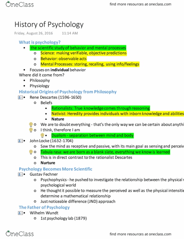 PSYC 101 Lecture Notes - Lecture 1: Gustav Fechner, Wilhelm Wundt, Tabula Rasa thumbnail