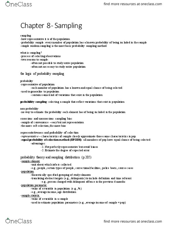 CRIM 220 Lecture Notes - Lecture 6: Simple Random Sample, Cluster Sampling, Statistical Parameter thumbnail