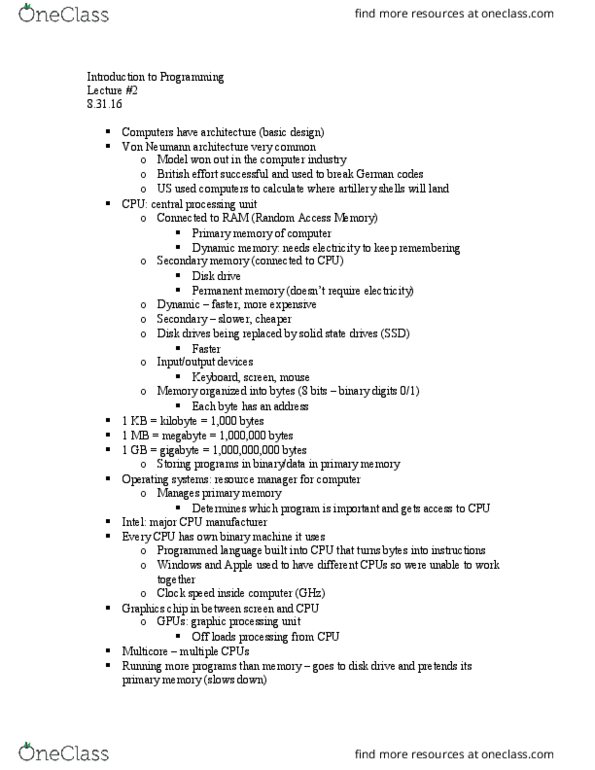 ISYS2157 Lecture Notes - Lecture 2: High-Level Programming Language, Video Display Controller, Computer Data Storage thumbnail