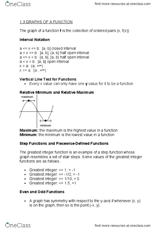 MATH 041 Lecture Notes - Lecture 3: Floor And Ceiling Functions, Step Function, Even And Odd Functions thumbnail