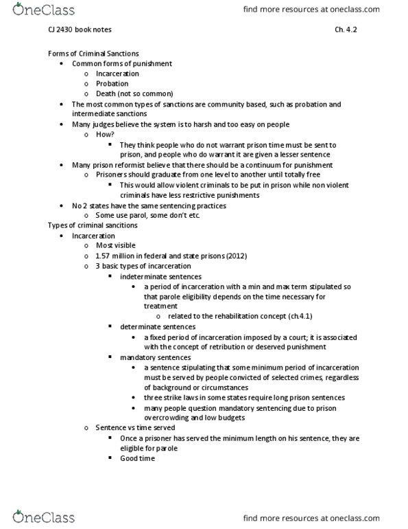 CJ 2430 Chapter Notes - Chapter 4.2: Mandatory Sentencing, Prison Overcrowding, Drug Test thumbnail