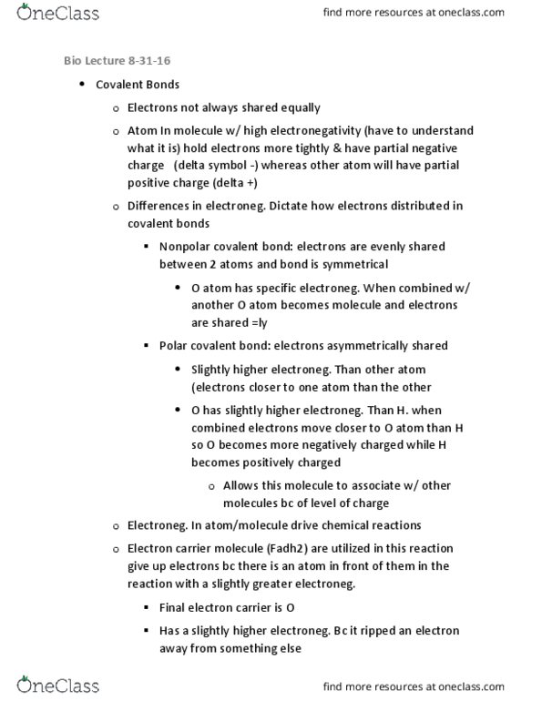 BIOL 1107 Lecture Notes - Lecture 2: Hydrogen Bond, Macromolecule, Electronegativity thumbnail