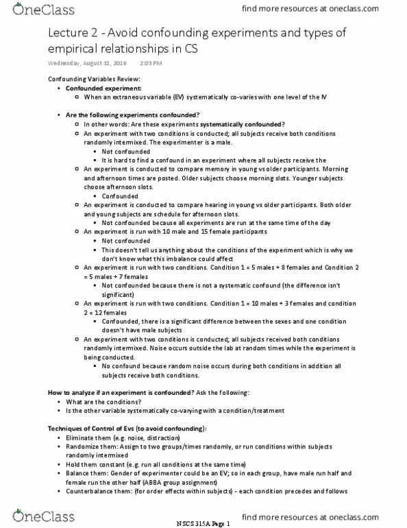 NSCS 315A Lecture Notes - Lecture 2: Dependent And Independent Variables, Confounding, Chronic Pain thumbnail