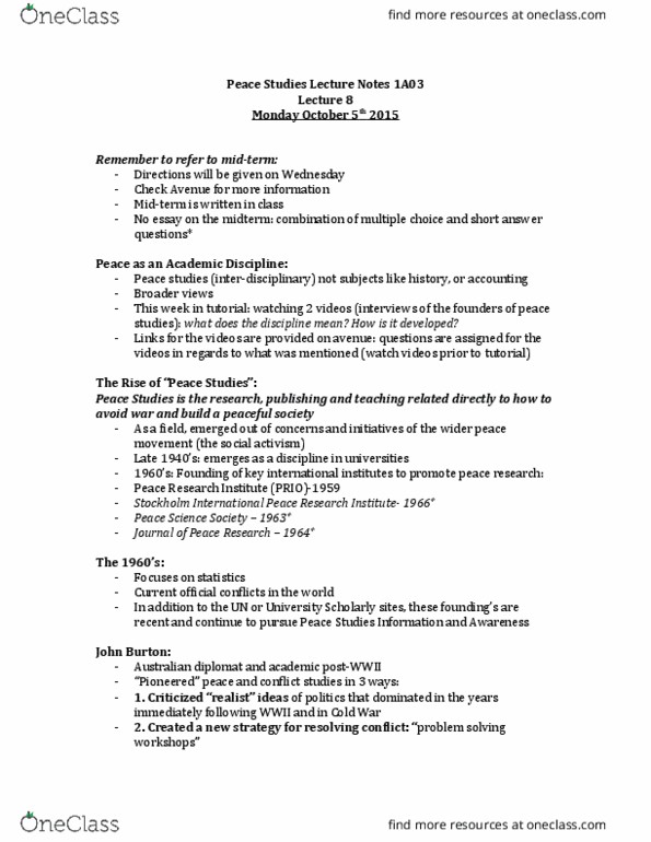 PEACEST 1A03 Lecture Notes - Lecture 9: Stockholm International Peace Research Institute, Structural Violence, Peace Movement thumbnail