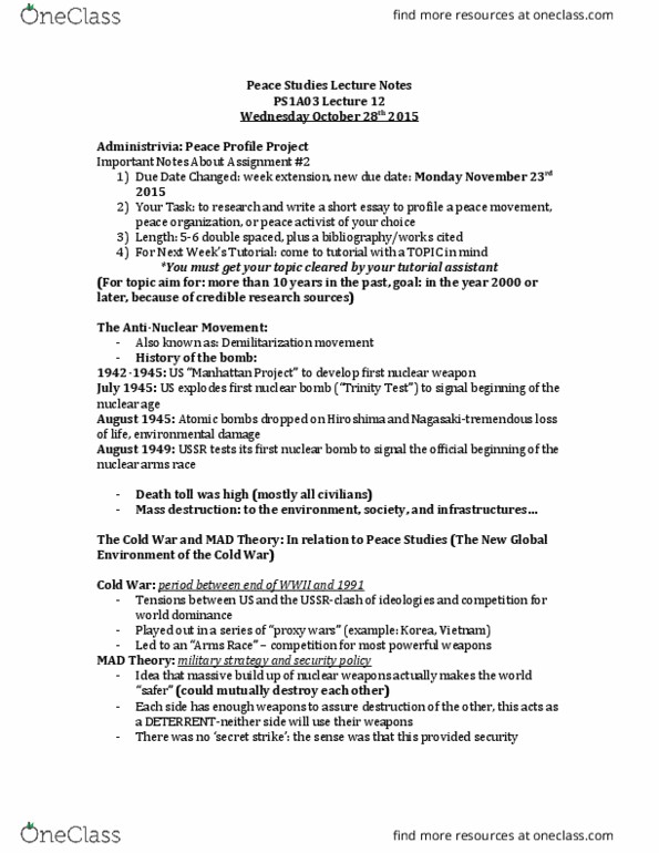PEACEST 1A03 Lecture Notes - Lecture 13: Nuclear Fallout, Intermediate-Range Nuclear Forces Treaty, New Approach thumbnail