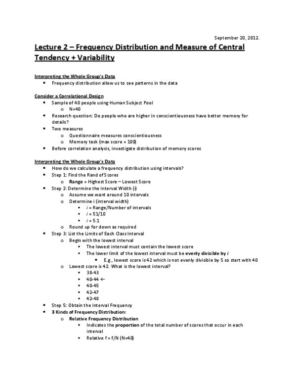 PSY201H1 Lecture Notes - Lecture 2: Graduate Record Examinations, Central Tendency, Frequency Distribution thumbnail