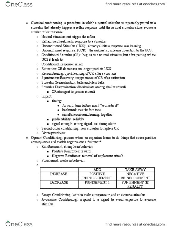 PSCH 100 Lecture Notes - Lecture 7: Classical Conditioning, Operant Conditioning, Habituation thumbnail