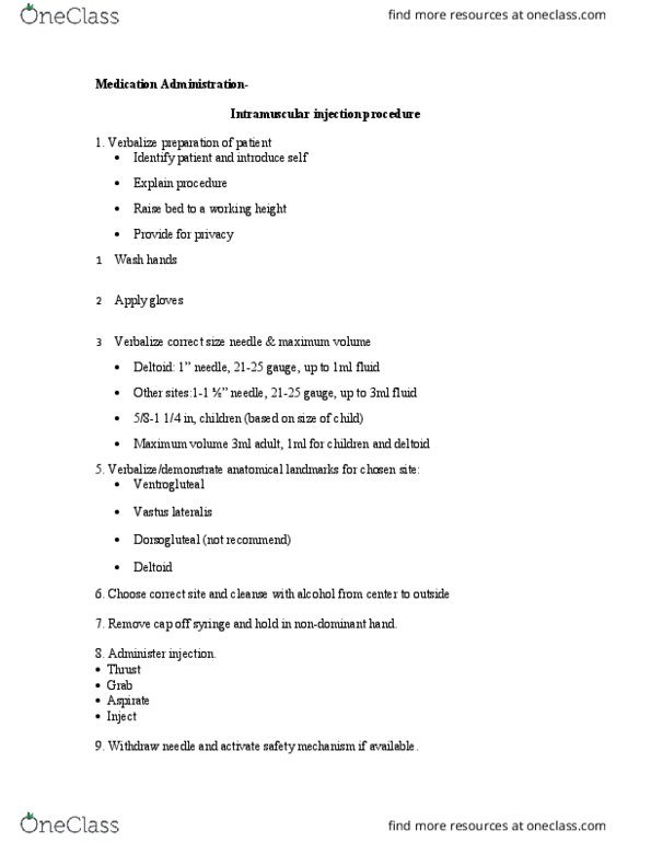 NUR 324 Lecture Notes - Lecture 3: Vastus Lateralis Muscle, Intramuscular Injection, Sharps Waste thumbnail