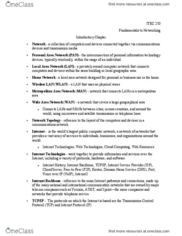 ITEC 250 Lecture Notes - Lecture 1: Network Architecture, Internet Protocol Suite, Internet Service Provider thumbnail