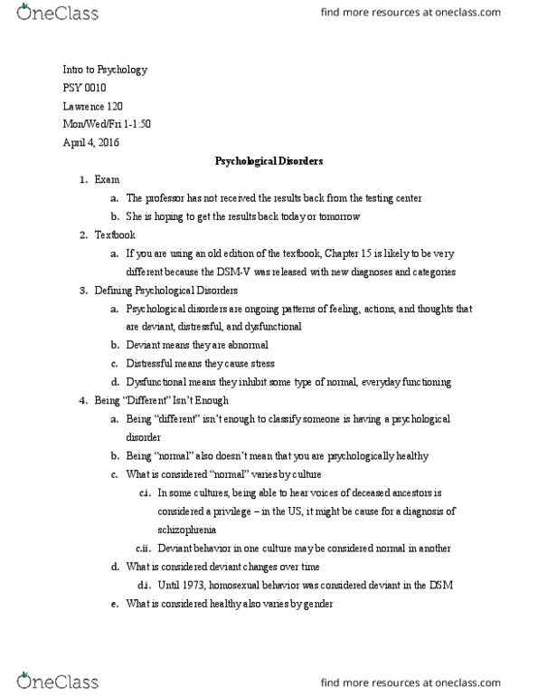 PSY 0010 Lecture Notes - Lecture 16: Fokker E.Ii, Dsm-5, Psy thumbnail