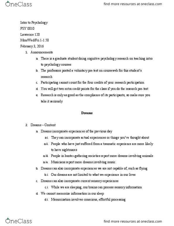 PSY 0010 Lecture Notes - Lecture 2: Cognitive Psychology, Memory Consolidation, Frontal Lobe thumbnail