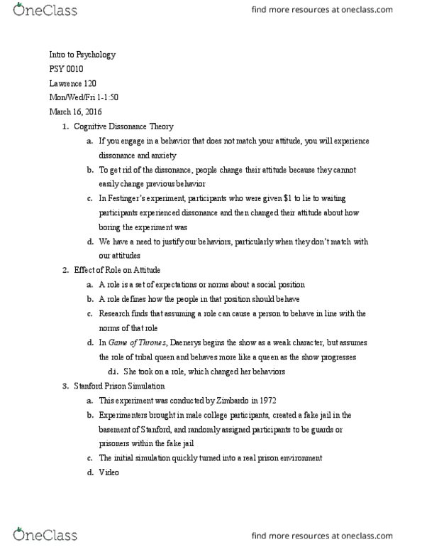 PSY 0010 Lecture Notes - Lecture 11: Solitary Confinement, Psy, Cognitive Dissonance thumbnail