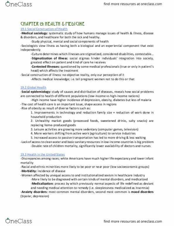 SOCI 210 Chapter Notes - Chapter 19: Infant Mortality, Socialized Medicine, Social Epidemiology thumbnail