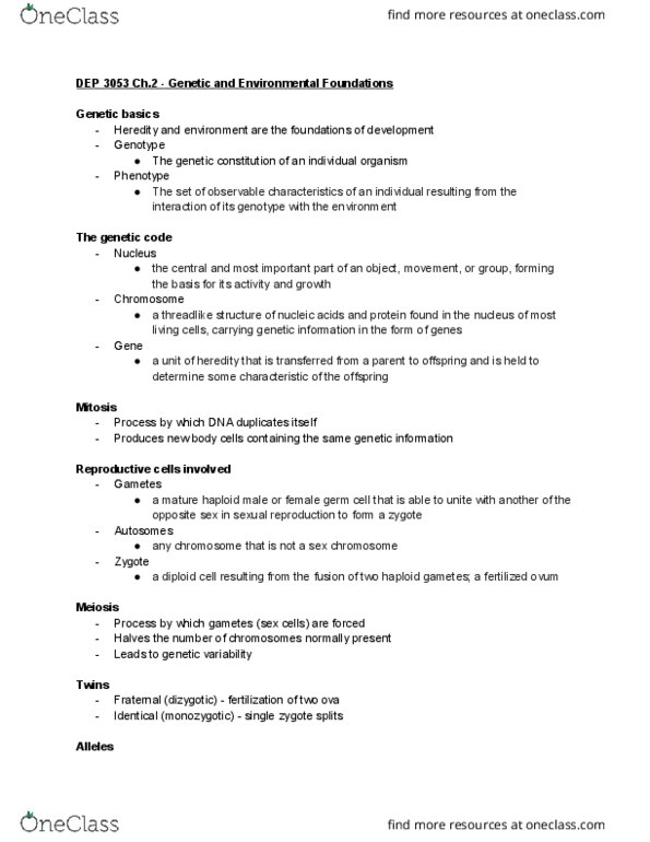 DEP 3053 Lecture Notes - Lecture 2: Genetic Counseling, Prenatal Diagnosis, Twin thumbnail