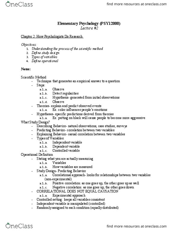 PSY 12000 Lecture Notes - Lecture 2: Operational Definition, Internal Validity, Scientific Method thumbnail