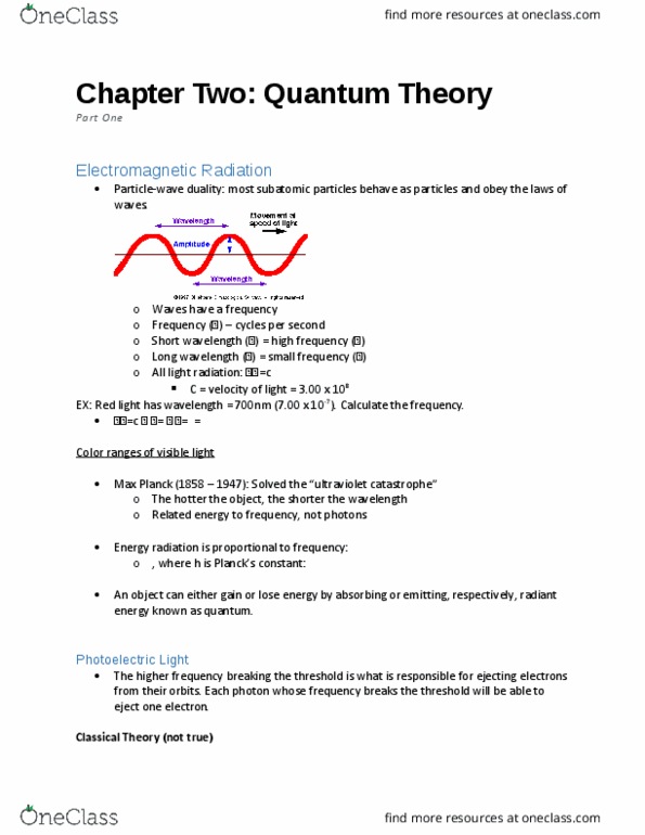CH 101 Lecture Notes - Lecture 2: Ultraviolet Catastrophe, Radiant Energy, Photon thumbnail
