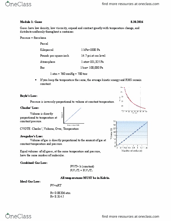 CH 301 Lecture Notes - Lecture 1: Ideal Gas Law, Ideal Gas, Molecular Mass thumbnail