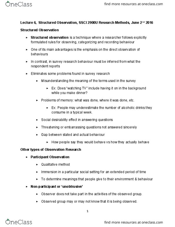 SSCI 2900U Lecture Notes - Lecture 6: Field Experiment, Participant Observation thumbnail