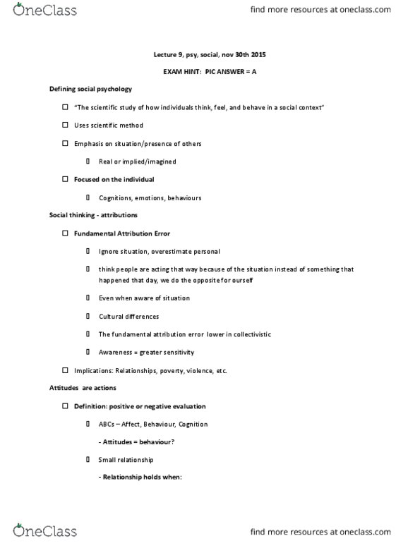 PSYC 1000U Lecture Notes - Lecture 9: Deindividuation, Group Polarization, Monoamine Oxidase A thumbnail