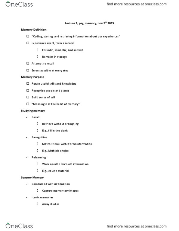 PSYC 1000U Lecture Notes - Lecture 7: Eidetic Memory, Abstraction, Henry Molaison thumbnail