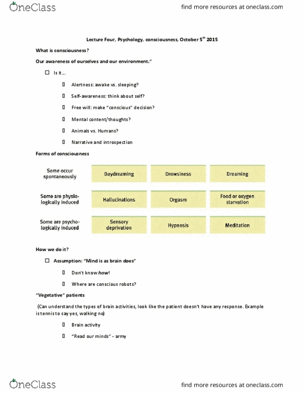 PSYC 1000U Lecture Notes - Lecture 4: Reuptake, Suggestibility, Hypnotic Induction thumbnail