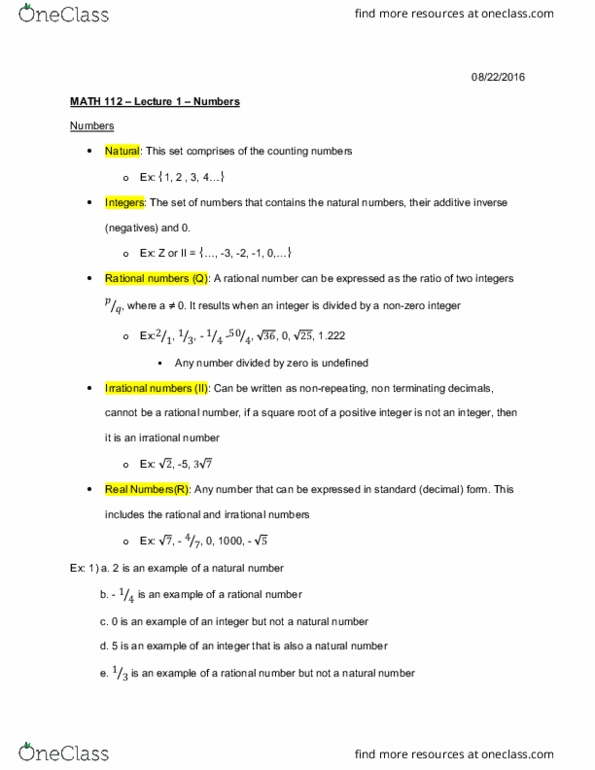 MATH 112 Lecture Notes - Lecture 1: Additive Inverse, Rational Number, Irrational Number thumbnail