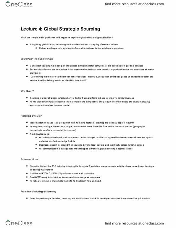 HECOL441 Lecture Notes - Lecture 4: Strategic Sourcing, Hong Kong, Global Sourcing thumbnail