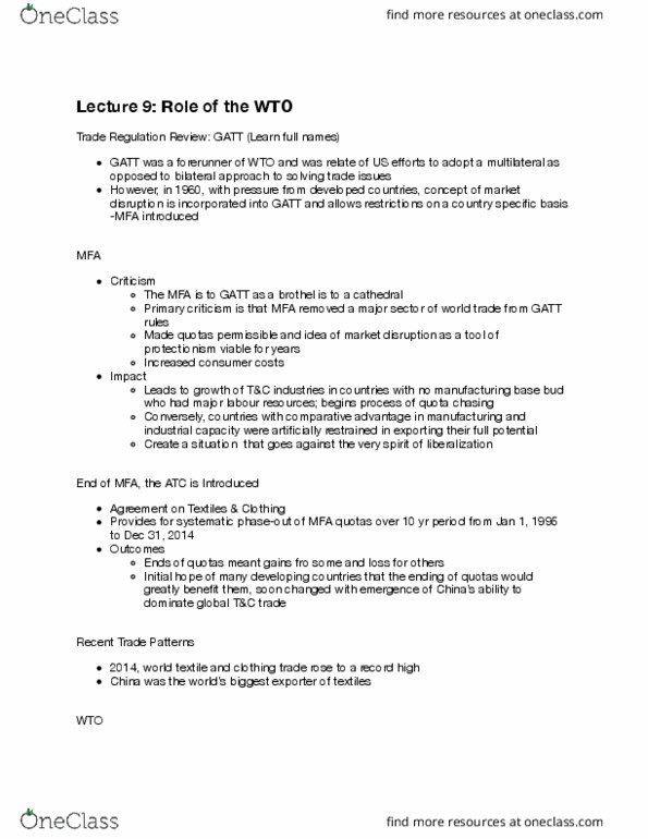 HECOL441 Lecture Notes - Lecture 9: General Agreement On Tariffs And Trade, World Trade Organization, Comparative Advantage thumbnail