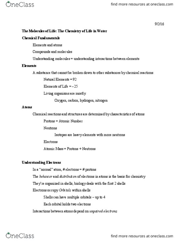 BSCI 105 Lecture Notes - Lecture 2: Chlorine, Bowling Pin, Electronegativity thumbnail