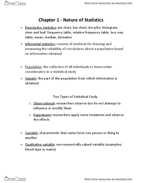 STAT 200 Lecture Notes - Lecture 1: Continuous Or Discrete Variable, Qualitative Property, Pie Chart thumbnail