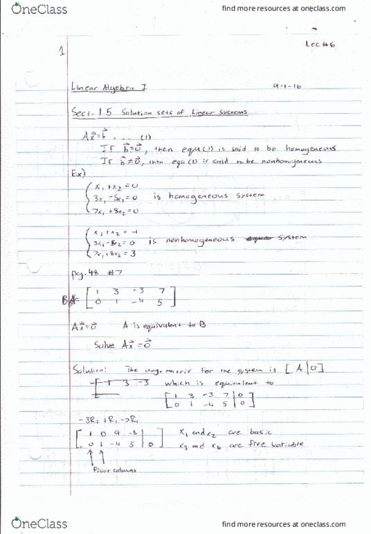 MATH 3260 Lecture 6: Linear Algebra I Sect.1.5 Solution Sets of Linear Systems thumbnail