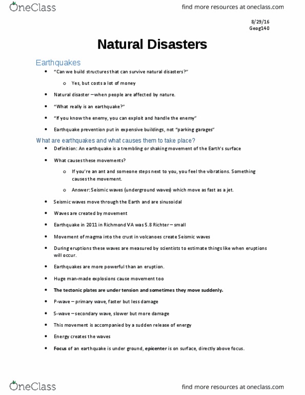GEOG 140 Lecture Notes - Lecture 1: Epicenter, Seismic Wave, Natural Disaster thumbnail