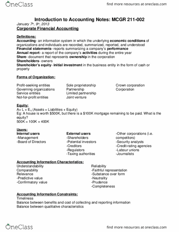 MGCR 211 Lecture Notes - Lecture 1: Retained Earnings, Sole Proprietorship, Joint Venture thumbnail