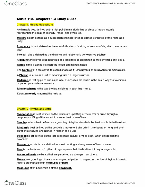 MUSI 1107 Lecture Notes - Lecture 1: Rhyme Scheme, Counter-Melody, Tonality thumbnail