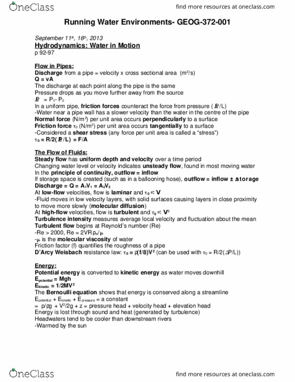 GEOG 372 Lecture Notes - Lecture 3: Potential Energy, Hydraulic Head, Reynolds Number thumbnail