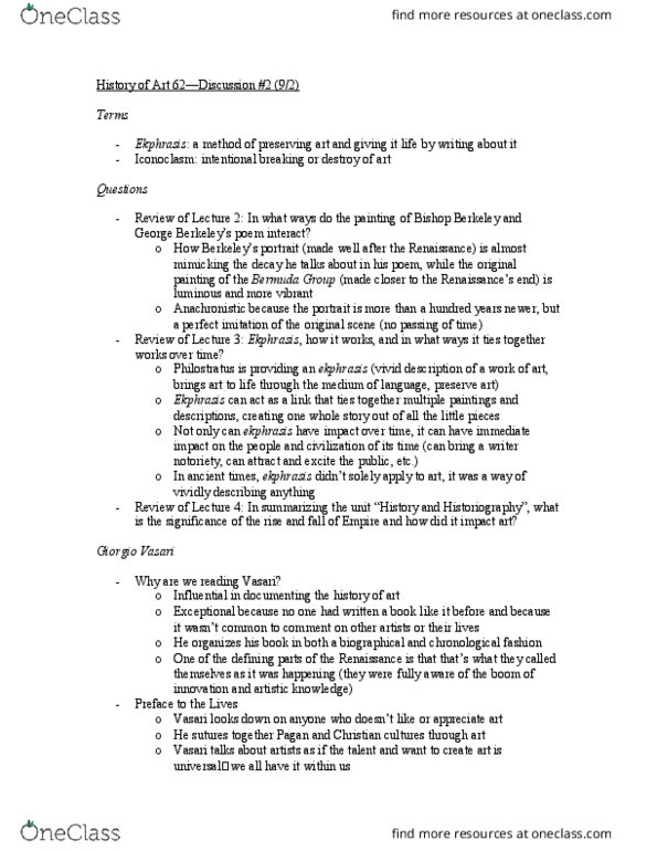 HISTART 62 Lecture Notes - Lecture 2: Giorgio Vasari, George Berkeley, Ekphrasis thumbnail