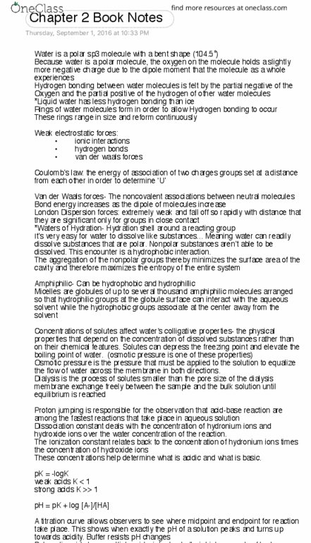 BICH 410 Chapter Notes - Chapter 2: Van Der Waals Force, Chemical Polarity, Amphiphile thumbnail