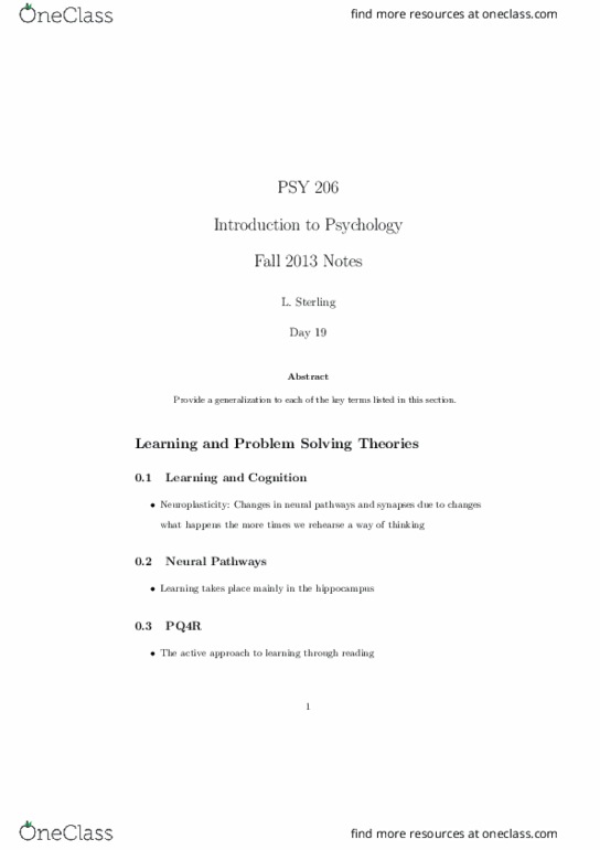 PSY 206 Lecture Notes - Lecture 19: Neuroplasticity, Psy, Observational Learning thumbnail