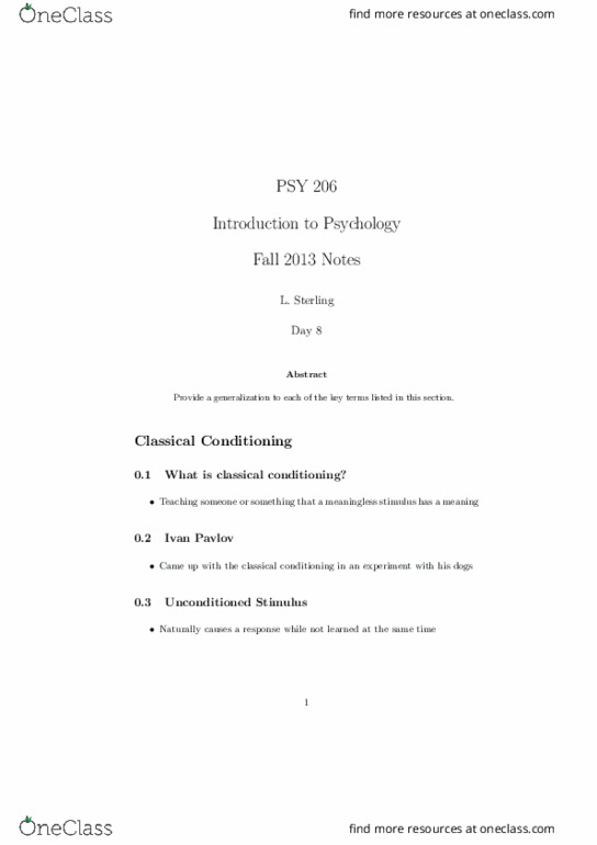 PSY 206 Lecture Notes - Lecture 8: Classical Conditioning thumbnail