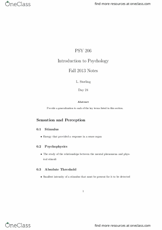PSY 206 Lecture Notes - Lecture 24: Psychophysics, Psy thumbnail