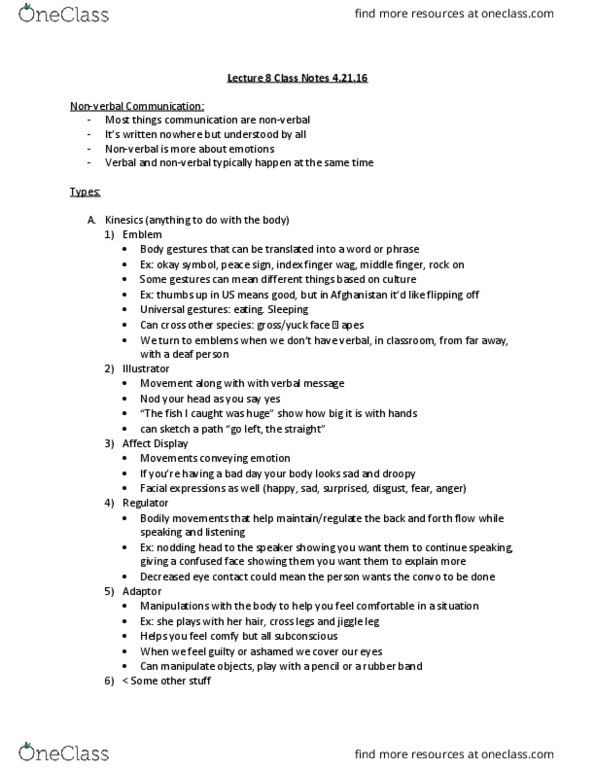 COMM ST 10 Lecture Notes - Lecture 8: Paralanguage, Silent Treatment, Rubber Band thumbnail