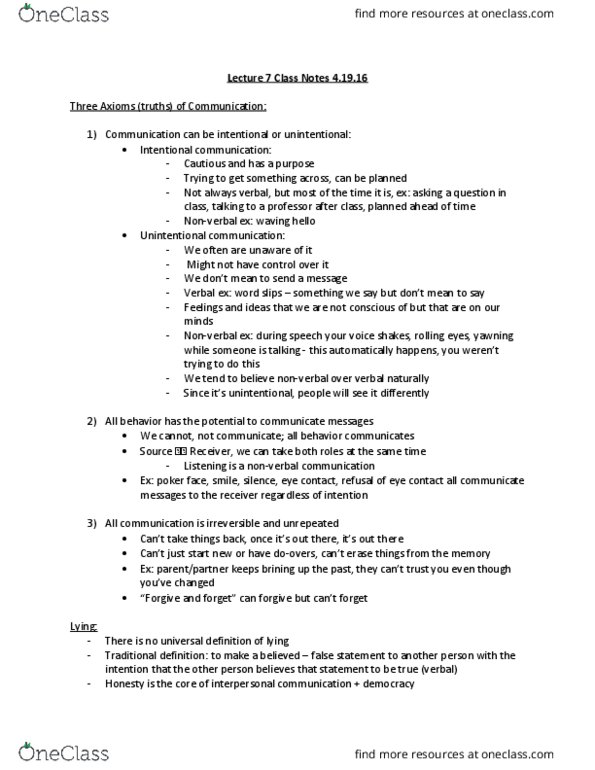 COMM ST 10 Lecture Notes - Lecture 7: Interpersonal Communication, Nonverbal Communication thumbnail