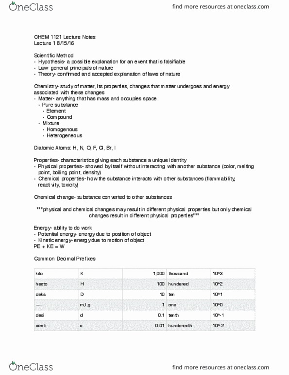CHEM 1211 Lecture Notes - Lecture 1: Nature Chemistry, Kinetic Energy, Chemical Change thumbnail