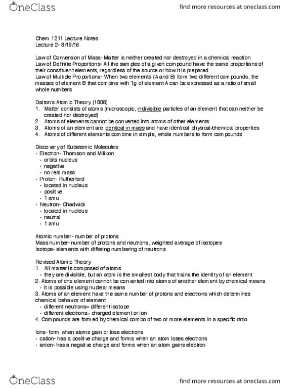 CHEM 1211 Lecture Notes - Lecture 2: Atomic Number, Mass Number, Ion thumbnail