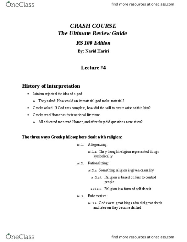 RS 100 Lecture Notes - Lecture 4: Euhemerism thumbnail