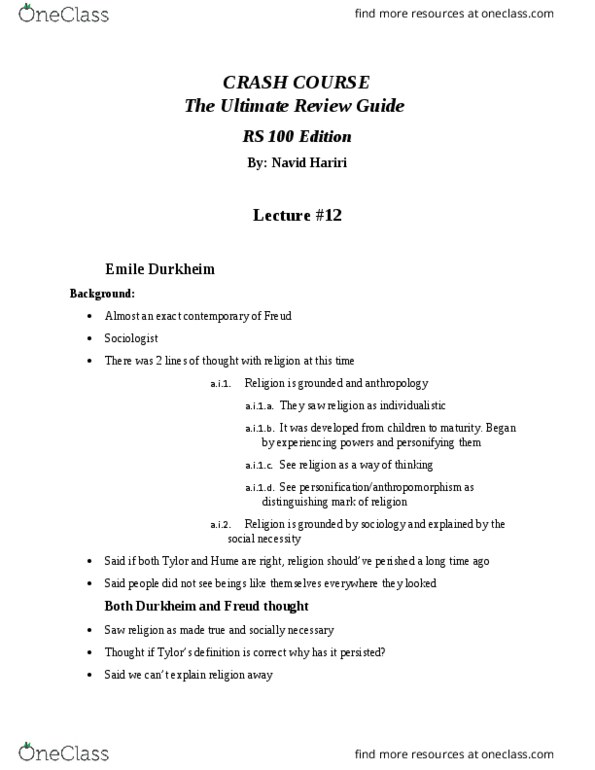 RS 100 Lecture Notes - Lecture 12: Totem, Émile Durkheim, Edward Burnett Tylor thumbnail