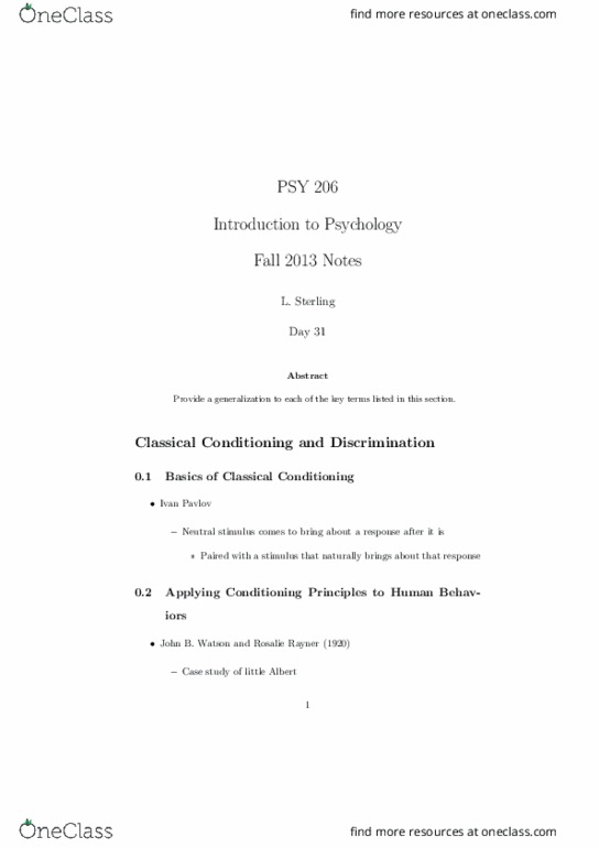PSY 206 Lecture Notes - Lecture 31: Classical Conditioning, Rosalie Rayner thumbnail