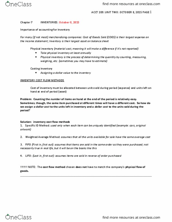 ACCT 209 Lecture Notes - Lecture 14: Inventory Turnover, Gross Profit, Net Income thumbnail