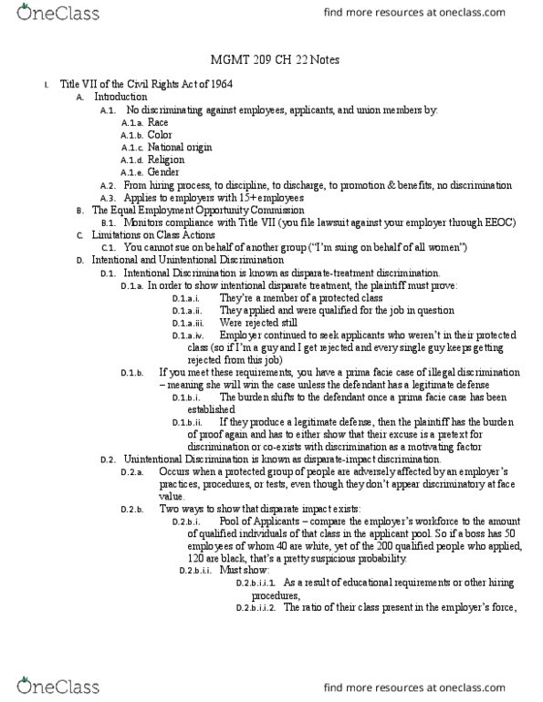 MGMT 209 Lecture Notes - Lecture 19: Reverse Discrimination, Pregnancy Discrimination Act, Caudron G.4 thumbnail